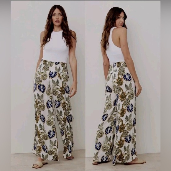 REWASH Smocked Wrap Wide Leg Pants Palm Print XL Boho Gypsy Beach Vacation EUC - Picture 1 of 14